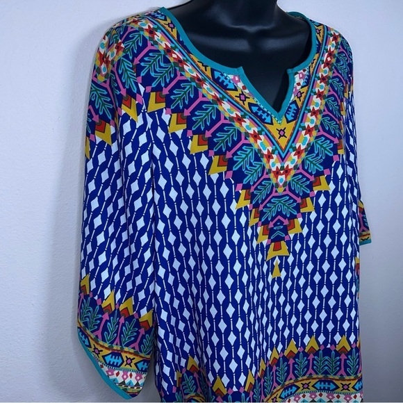 MEDIUM PINK OWL COLORFUL BOHEMIAN TUNIC TOP GEOMETRIC BLOUSE - Picture 3 of 11